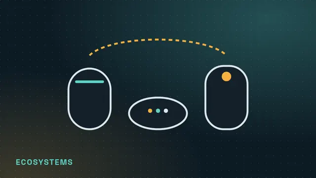 Line illustration of three smart speakers of different shapes connected by a dotted arc