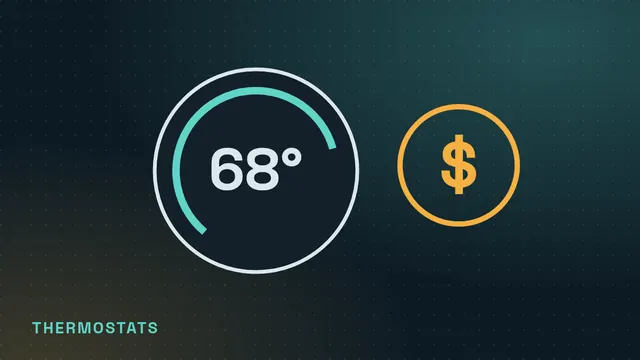 Line illustration of a thermostat dial showing 68 degrees next to a dollar sign