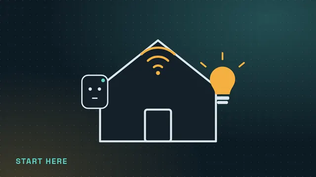 Line illustration of a house with a Wi-Fi symbol, a smart plug and a glowing smart bulb