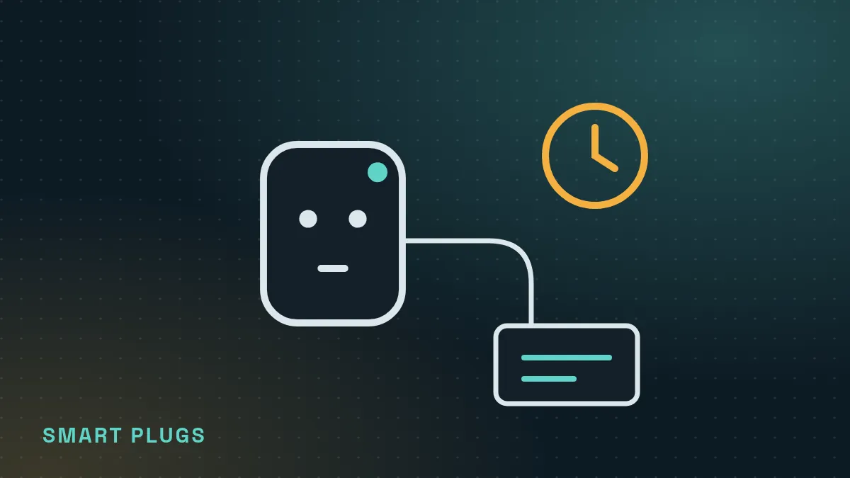 Line illustration of a smart plug connected to a device, with a clock for scheduling
